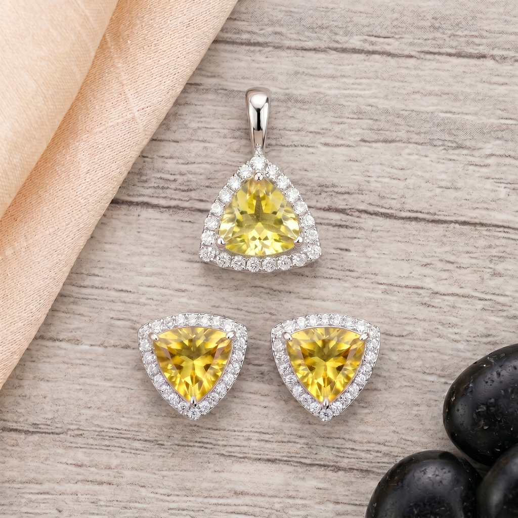 Trillion Cut Citrine Halo Pendant Set in 925 Sterling Silver