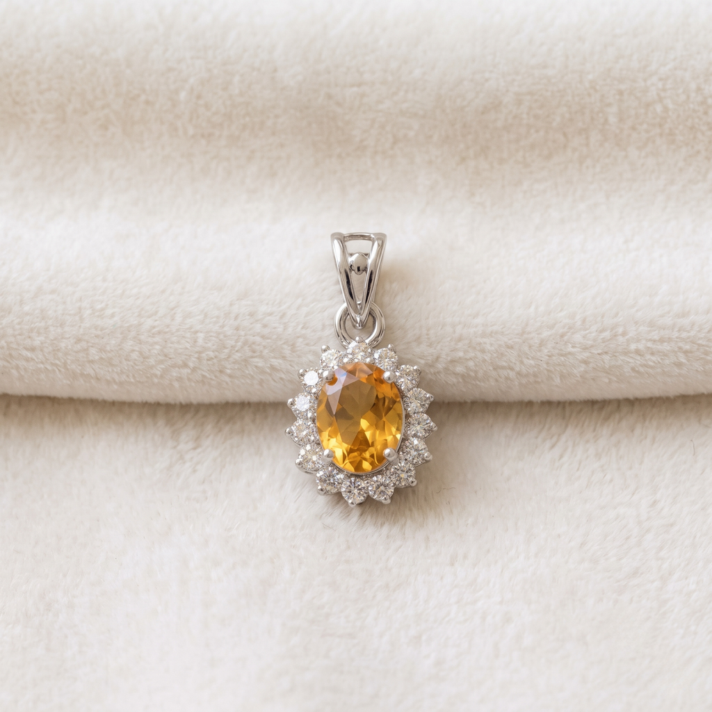 Oval Yellow Citrine Halo Pendant Set in 925 Sterling Silver