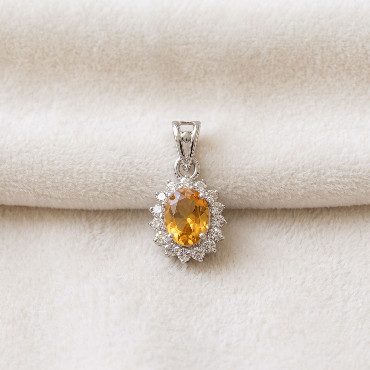 Oval Yellow Citrine Halo Pendant Set in 925 Sterling Silver