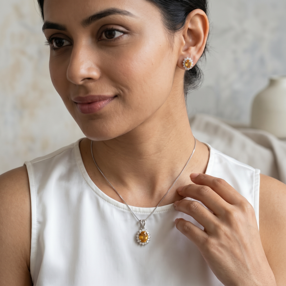 Oval Yellow Citrine Halo Pendant Set in 925 Sterling Silver