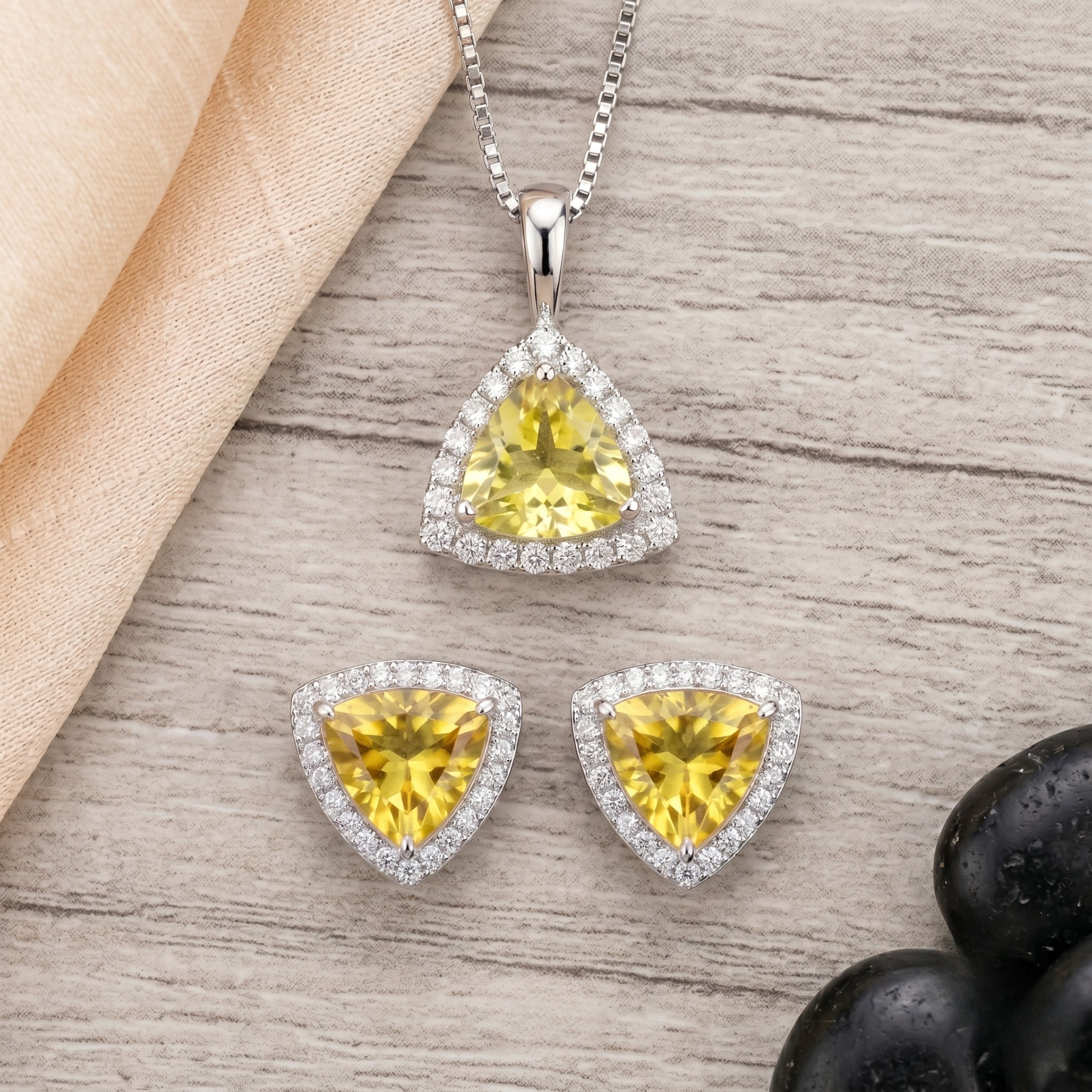 Trillion Cut Citrine Halo Pendant Set in 925 Sterling Silver