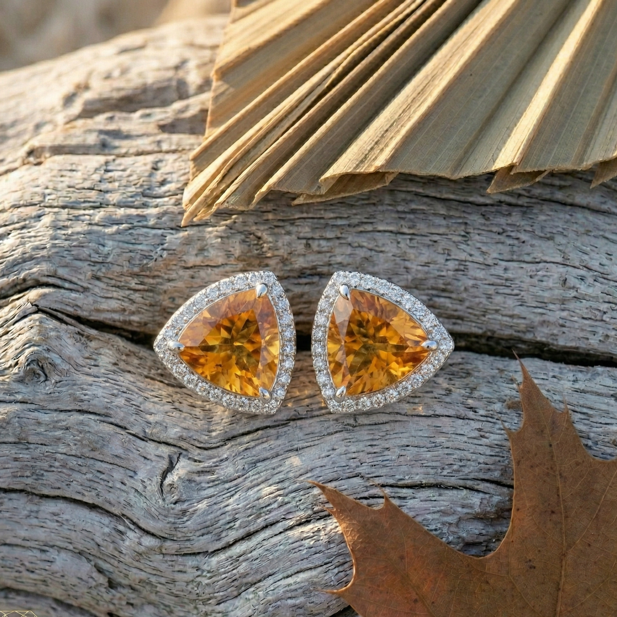 Radiant Citrine Trillion Halo Studs - 925 Sterling Silver