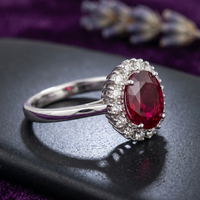 Oval Crimson Halo Ring in 925 Sterling Silver