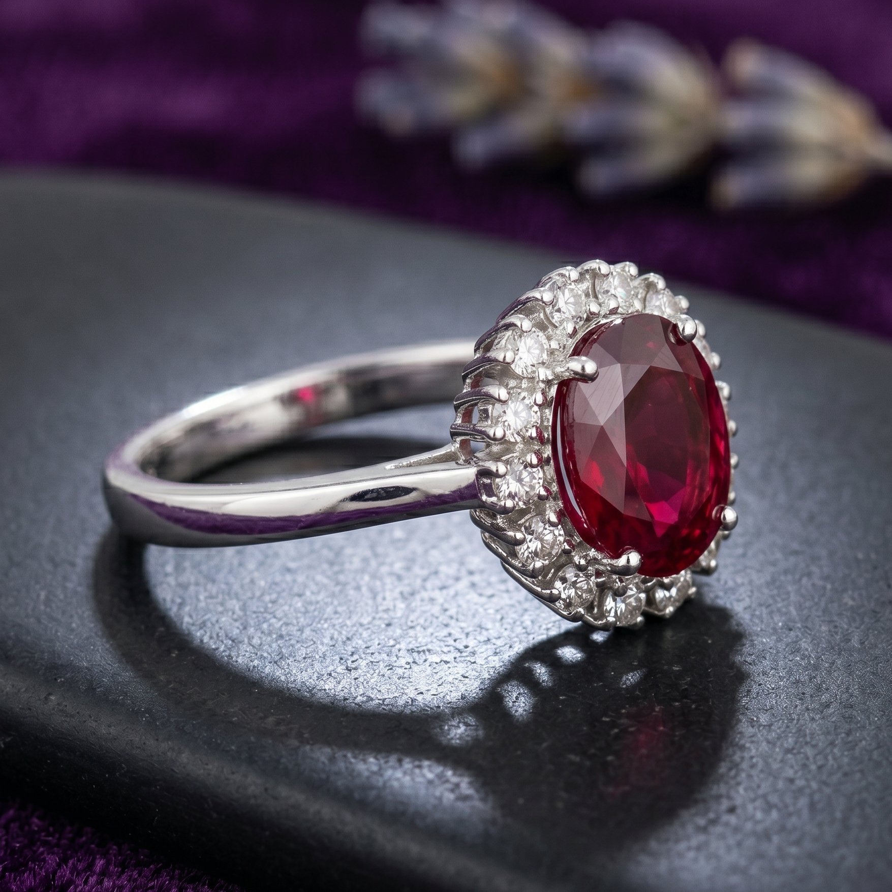 Oval Crimson Halo Ring in 925 Sterling Silver