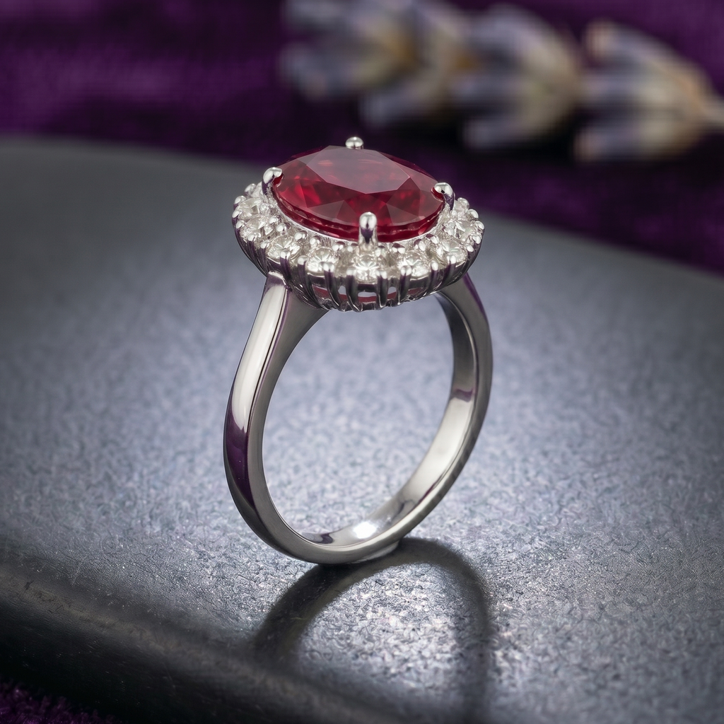 Oval Crimson Halo Ring in 925 Sterling Silver