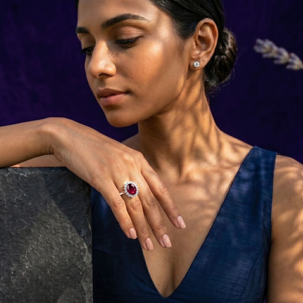 Oval Crimson Halo Ring in 925 Sterling Silver