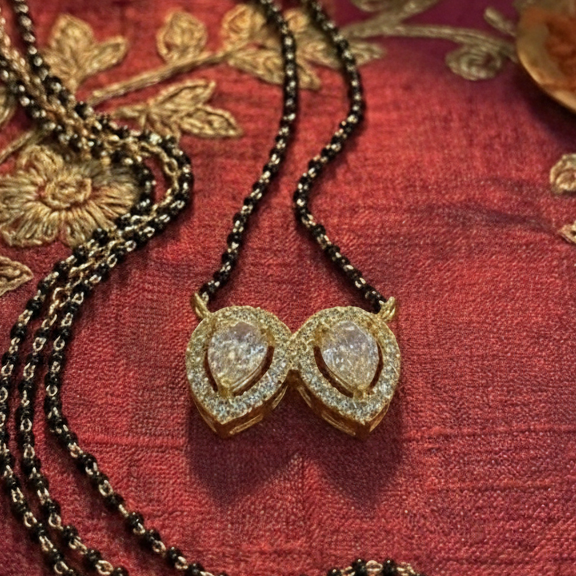 Dual Pear Drop Halo CZ Mangalsutra Pendant in 925 Sterling Silver