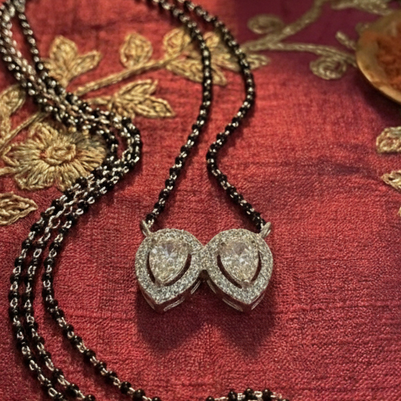 Dual Pear Drop Halo CZ Mangalsutra Pendant in 925 Sterling Silver