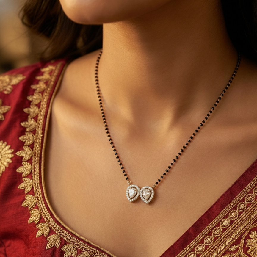 Dual Pear Drop Halo CZ Mangalsutra Pendant in 925 Sterling Silver
