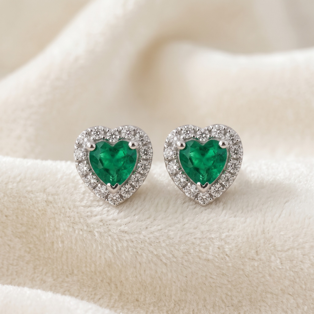 Emerald Green Heart Halo CZ Studs | 925 Sterling Silver
