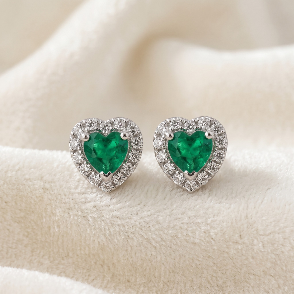 Emerald Green Heart Halo CZ Studs | 925 Sterling Silver
