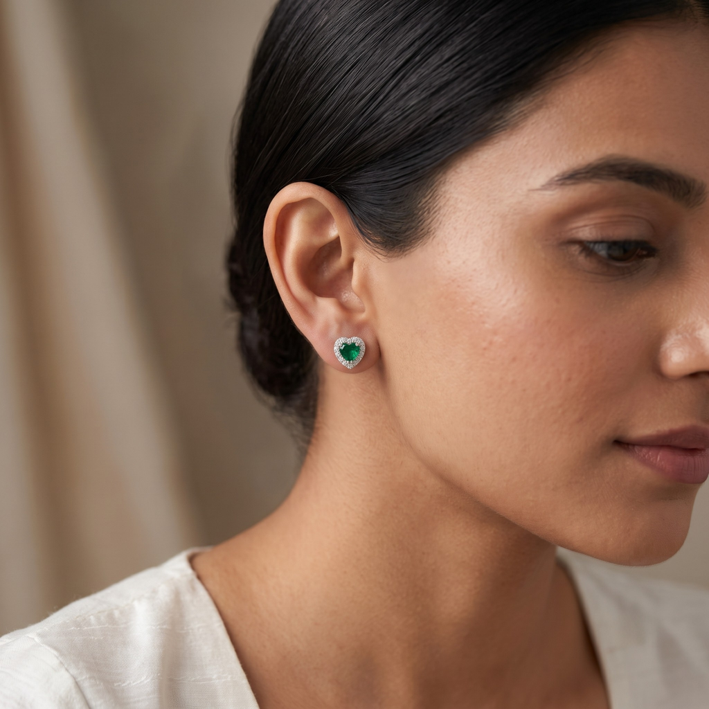 Emerald Green Heart Halo CZ Studs | 925 Sterling Silver