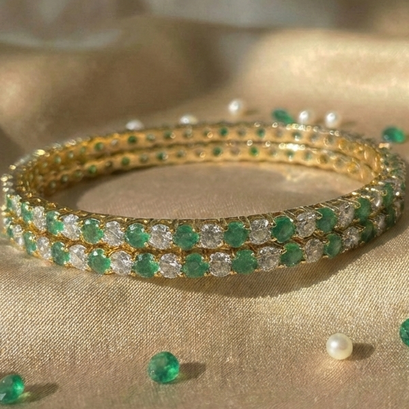 Emerald Lumina Green & White CZ Eternity Bangle in 925 Sterling Silver