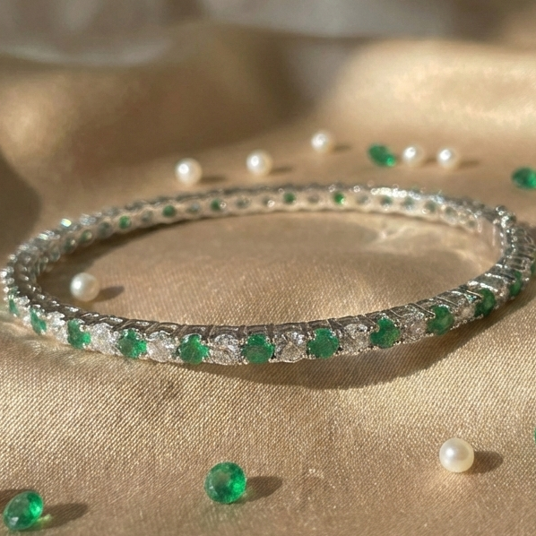 Emerald Lumina Green & White CZ Eternity Bangle in 925 Sterling Silver