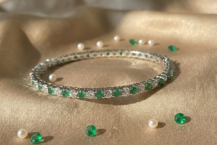 Emerald Lumina Green & White CZ Eternity Bangle in 925 Sterling Silver