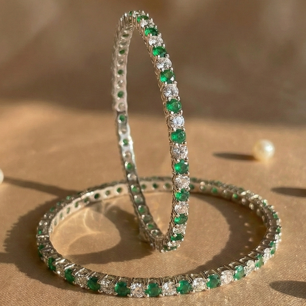 Emerald Lumina Green & White CZ Eternity Bangle in 925 Sterling Silver