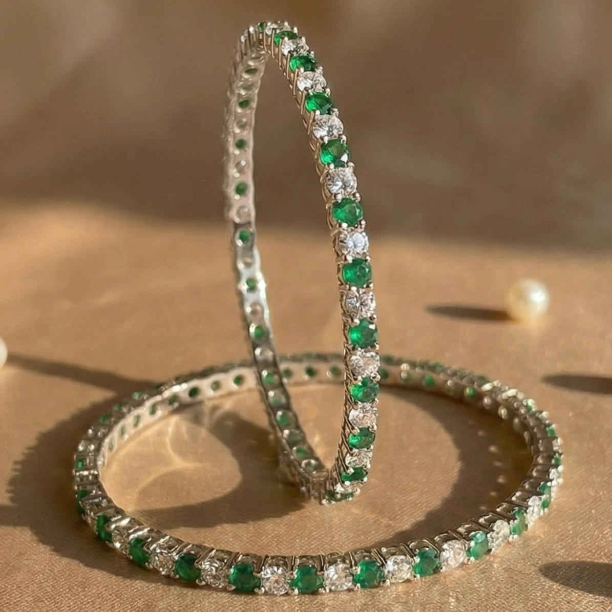 Emerald Lumina Green & White CZ Eternity Bangle in 925 Sterling Silver
