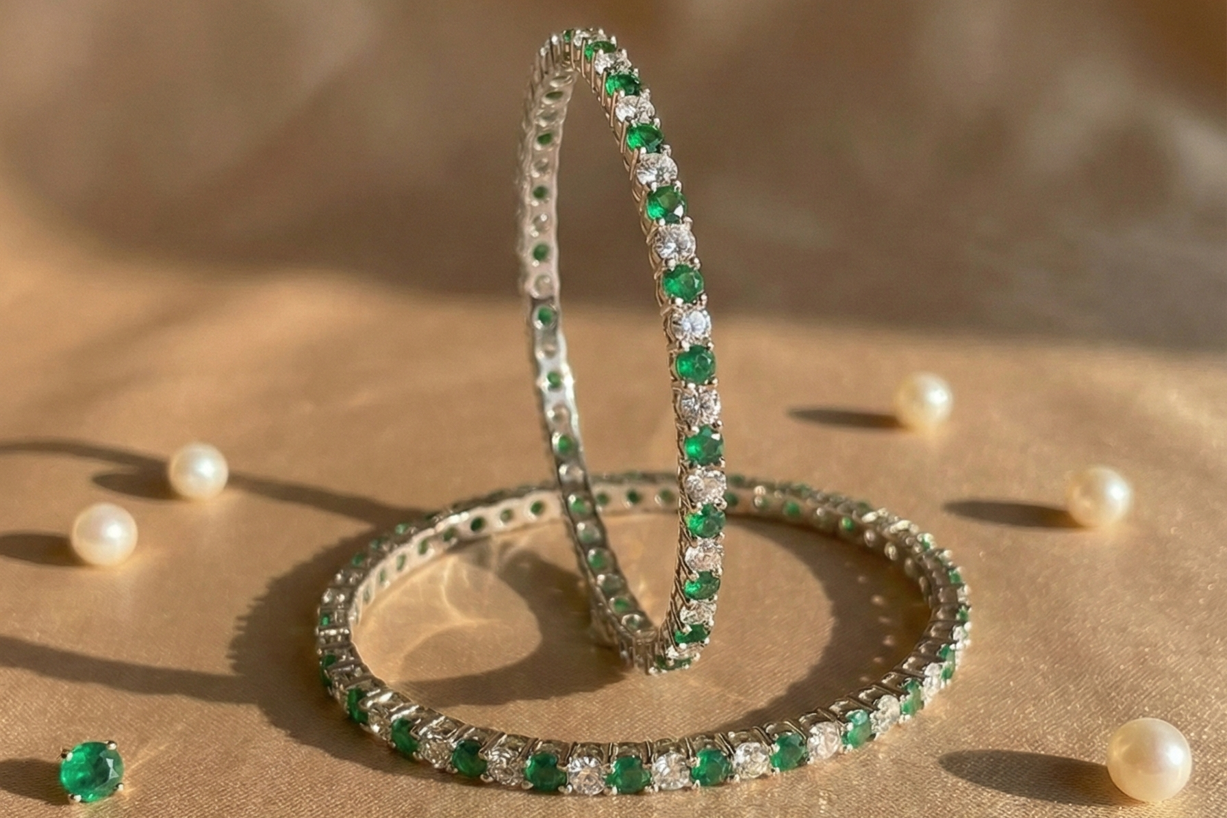 Emerald Lumina Green & White CZ Eternity Bangle in 925 Sterling Silver