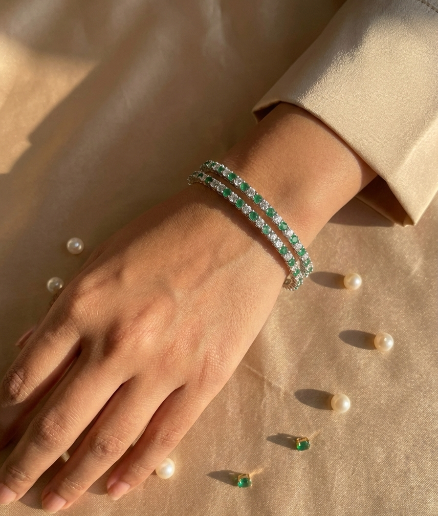 Emerald Lumina Green & White CZ Eternity Bangle in 925 Sterling Silver