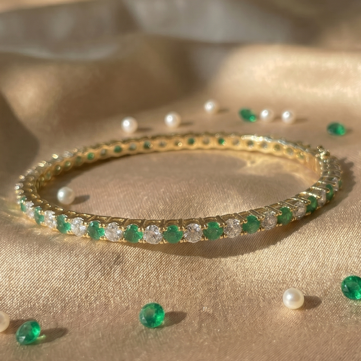 Emerald Lumina Green & White CZ Eternity Bangle in 925 Sterling Silver