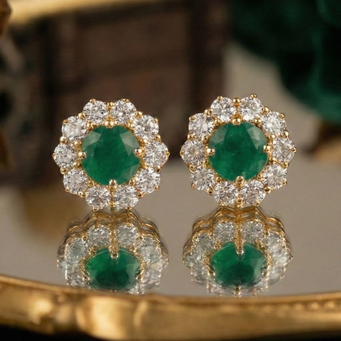Emerald Bloom Floral Halo Stud Earrings – 925 Sterling Silver