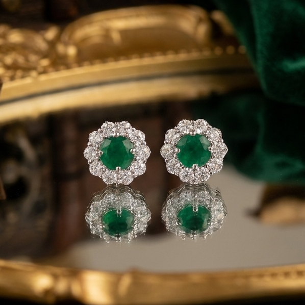 Emerald Bloom Floral Halo Stud Earrings – 925 Sterling Silver