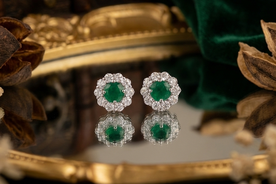 Emerald Bloom Floral Halo Stud Earrings – 925 Sterling Silver