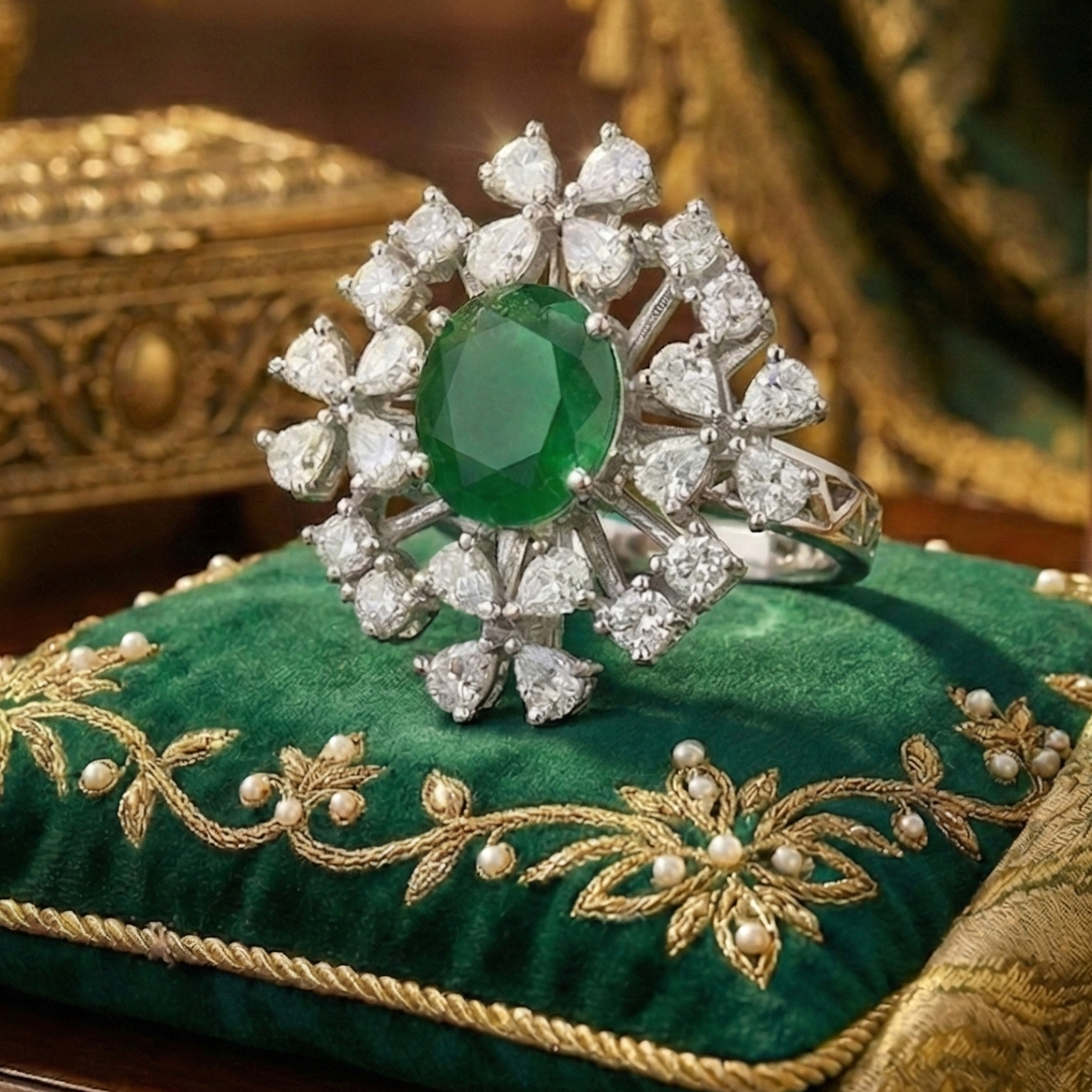 925 Sterling Silver Emerald Bloom Adjustable Cocktail Ring