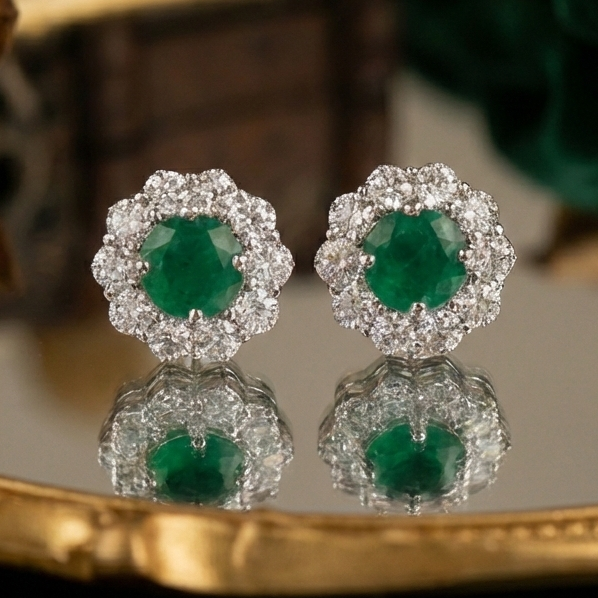 Emerald Bloom Floral Halo Stud Earrings – 925 Sterling Silver
