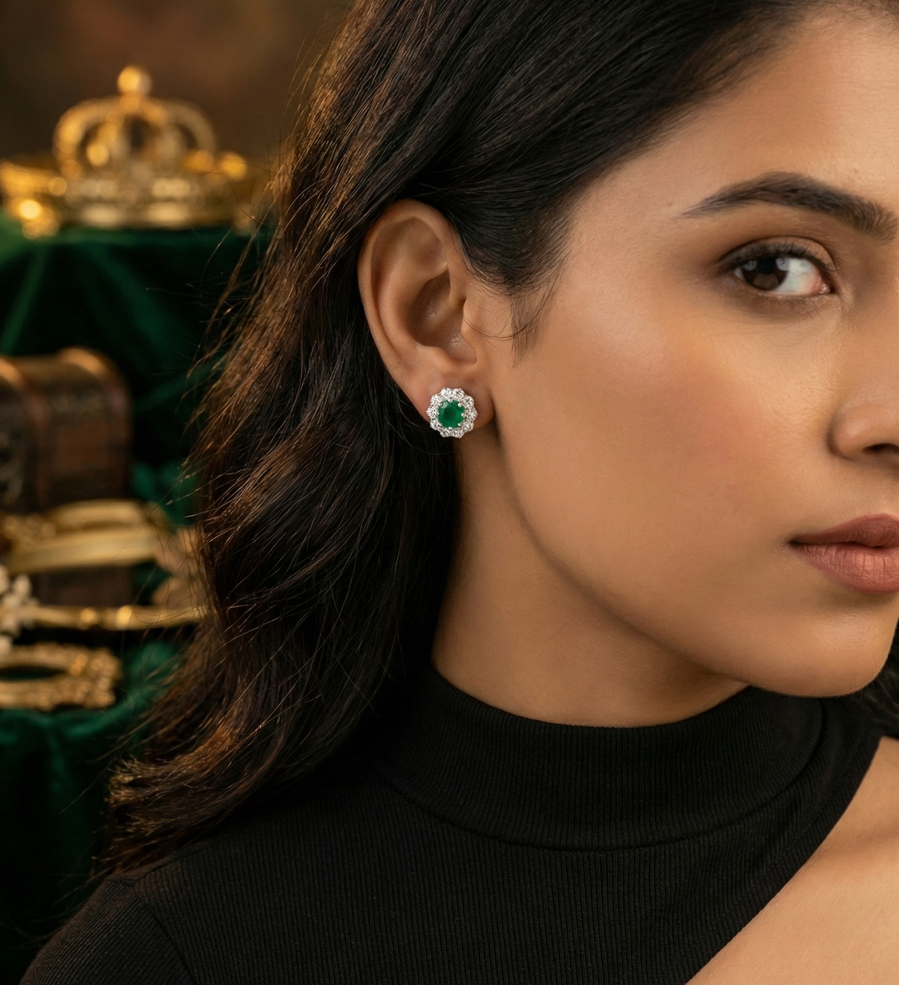 Emerald Bloom Floral Halo Stud Earrings – 925 Sterling Silver