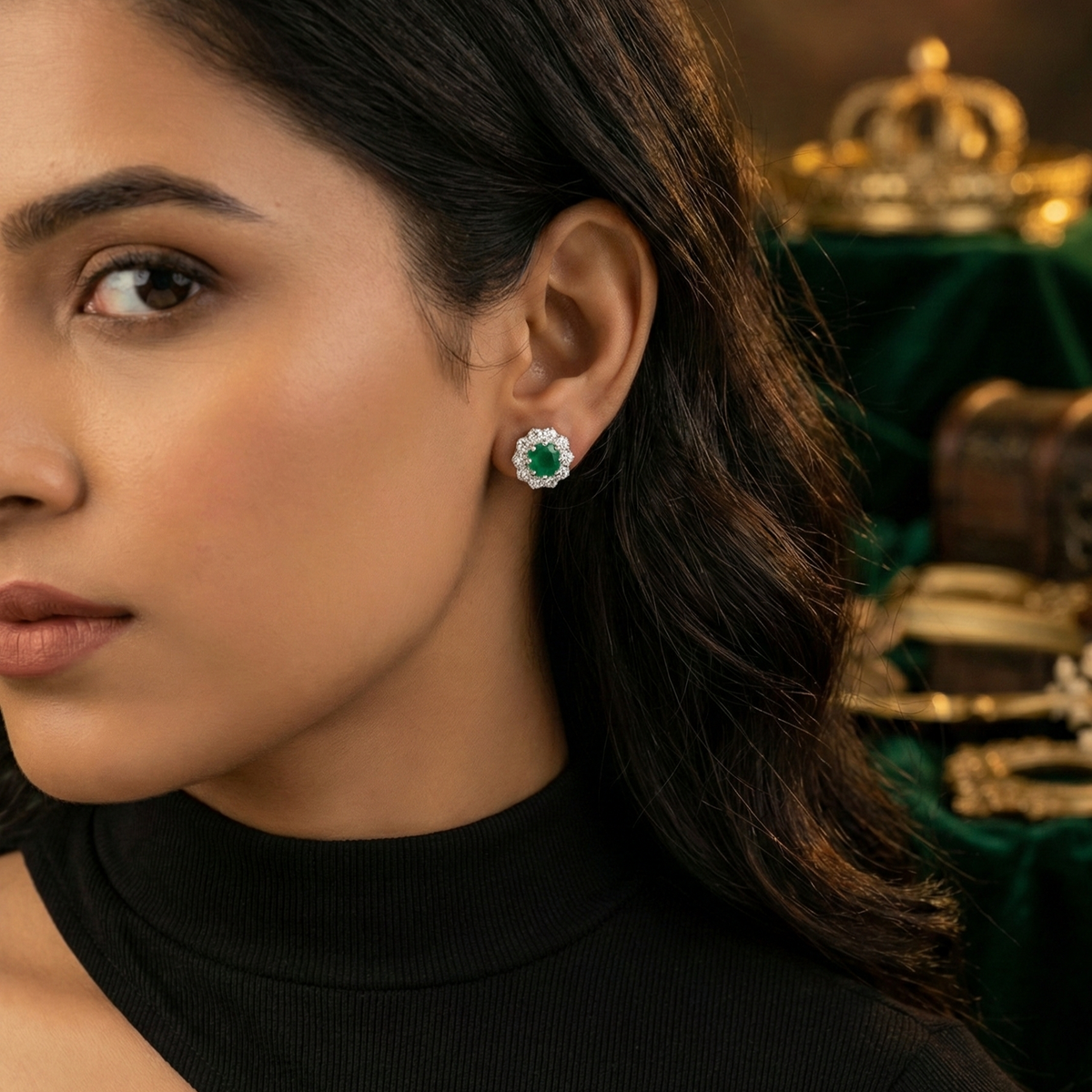 Emerald Bloom Floral Halo Stud Earrings – 925 Sterling Silver