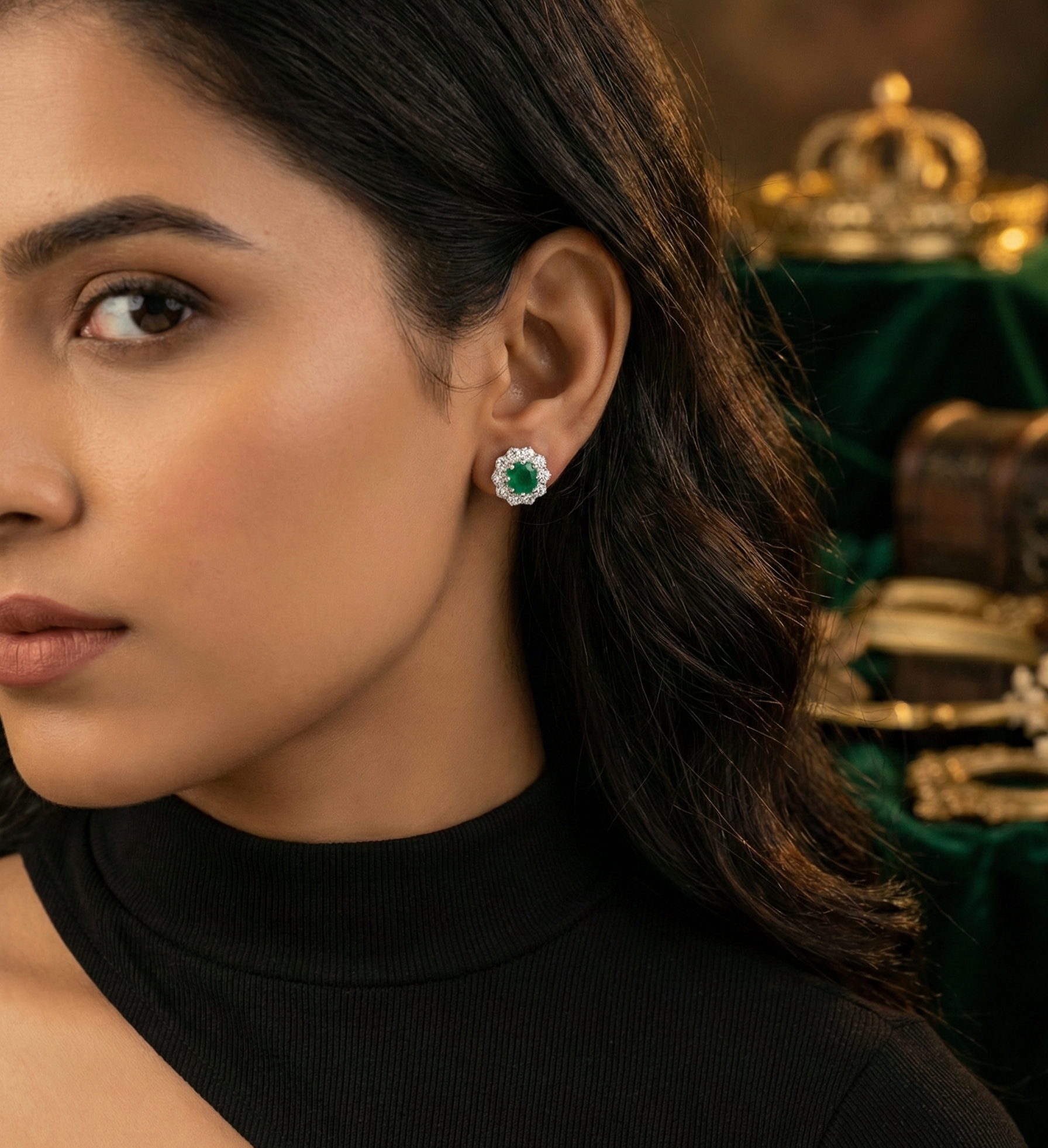 Emerald Bloom Floral Halo Stud Earrings – 925 Sterling Silver