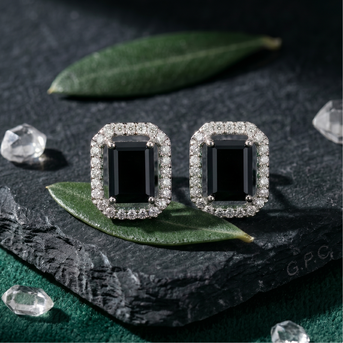 Emerald Cut Black Halo Studs - 925 Sterling Silver