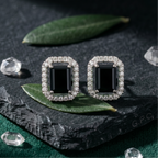 Emerald Cut Black Halo Studs - 925 Sterling Silver