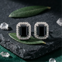 Emerald Cut Black Halo Studs - 925 Sterling Silver