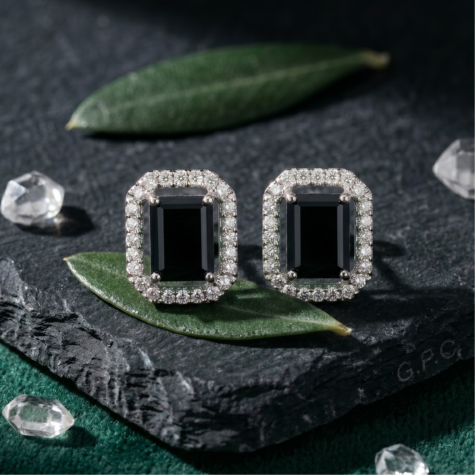 Emerald Cut Black Halo Studs - 925 Sterling Silver