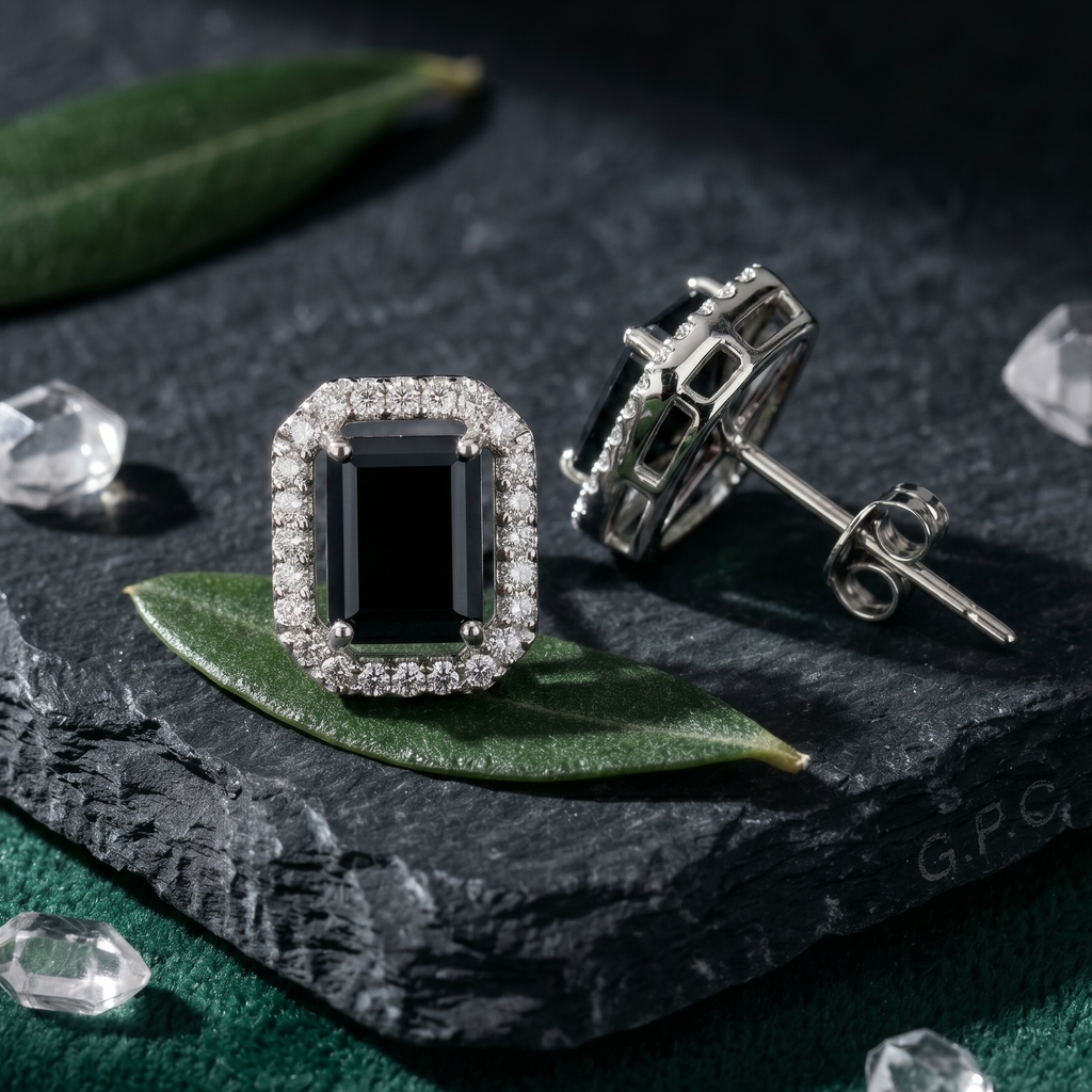 Emerald Cut Black Halo Studs - 925 Sterling Silver