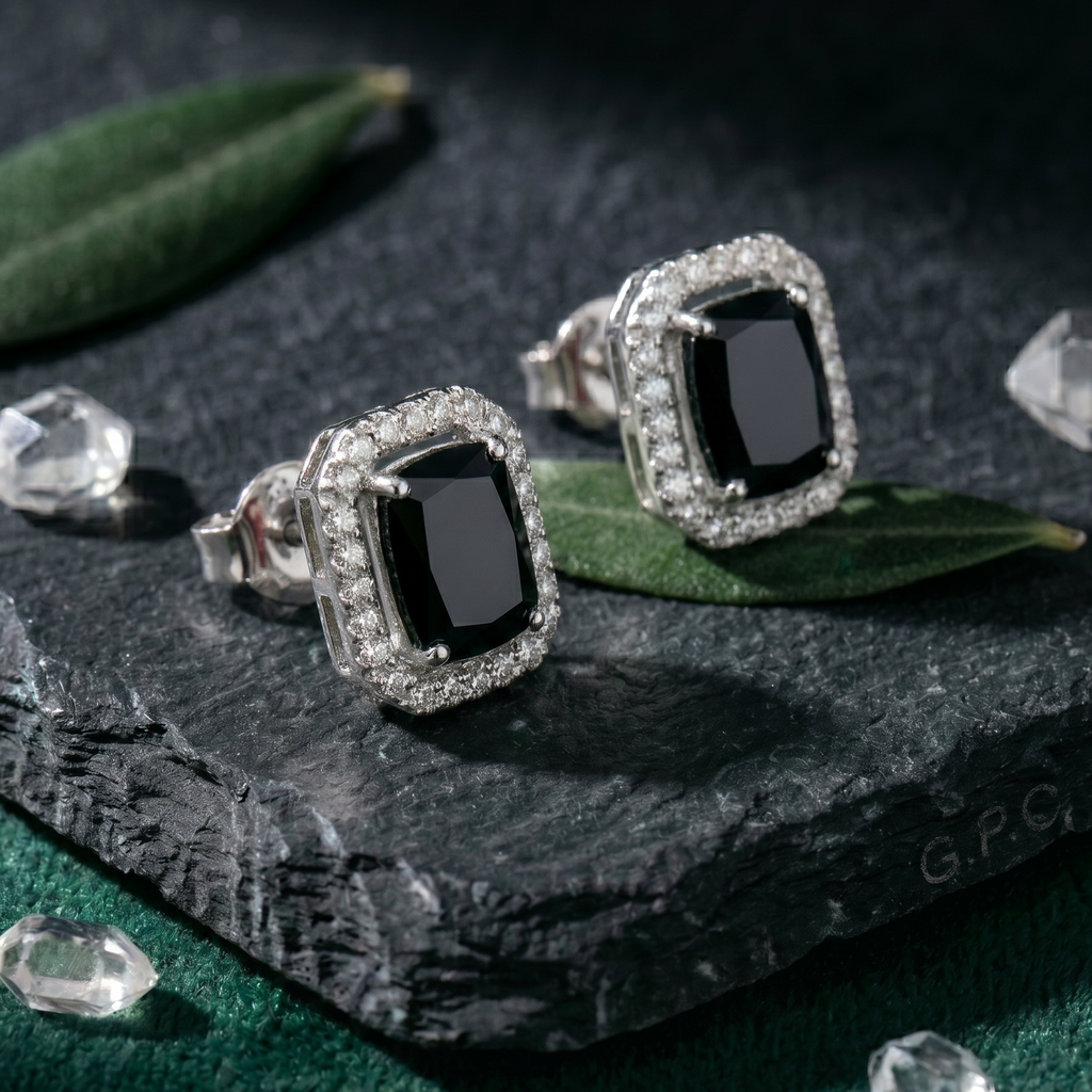 Emerald Cut Black Halo Studs - 925 Sterling Silver