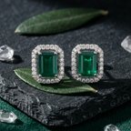 Emerald Cut Green Halo Studs - 925 Sterling Silver