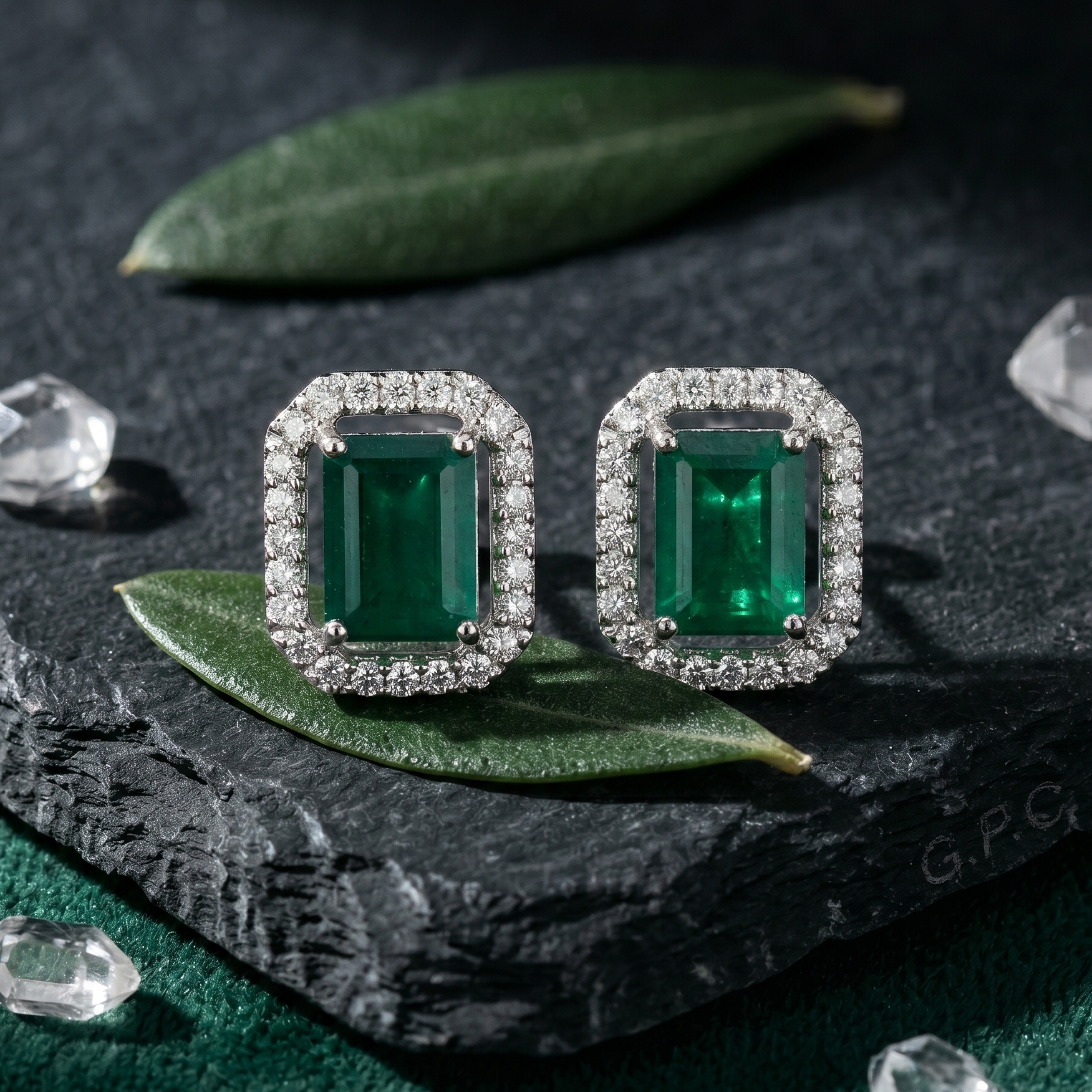 Emerald Cut Green Halo Studs - 925 Sterling Silver