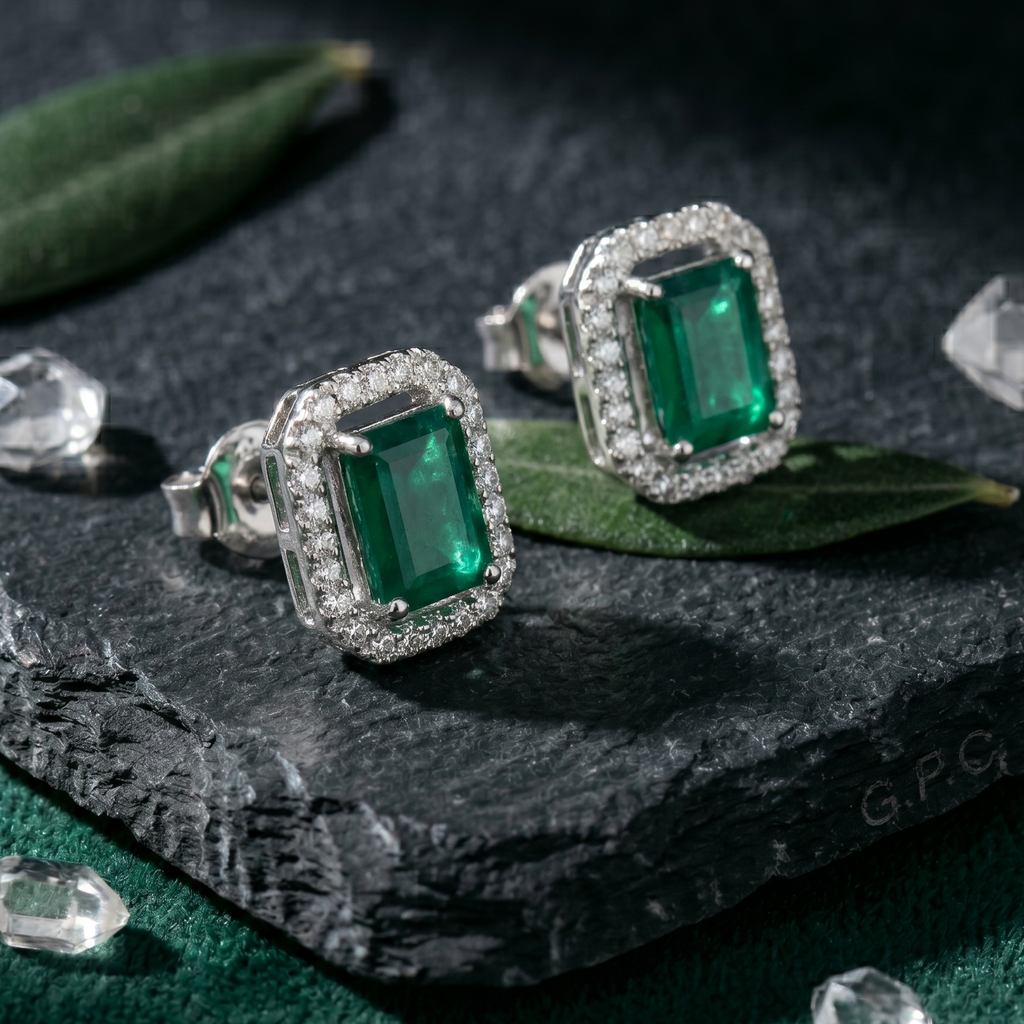 Emerald Cut Green Halo Studs - 925 Sterling Silver