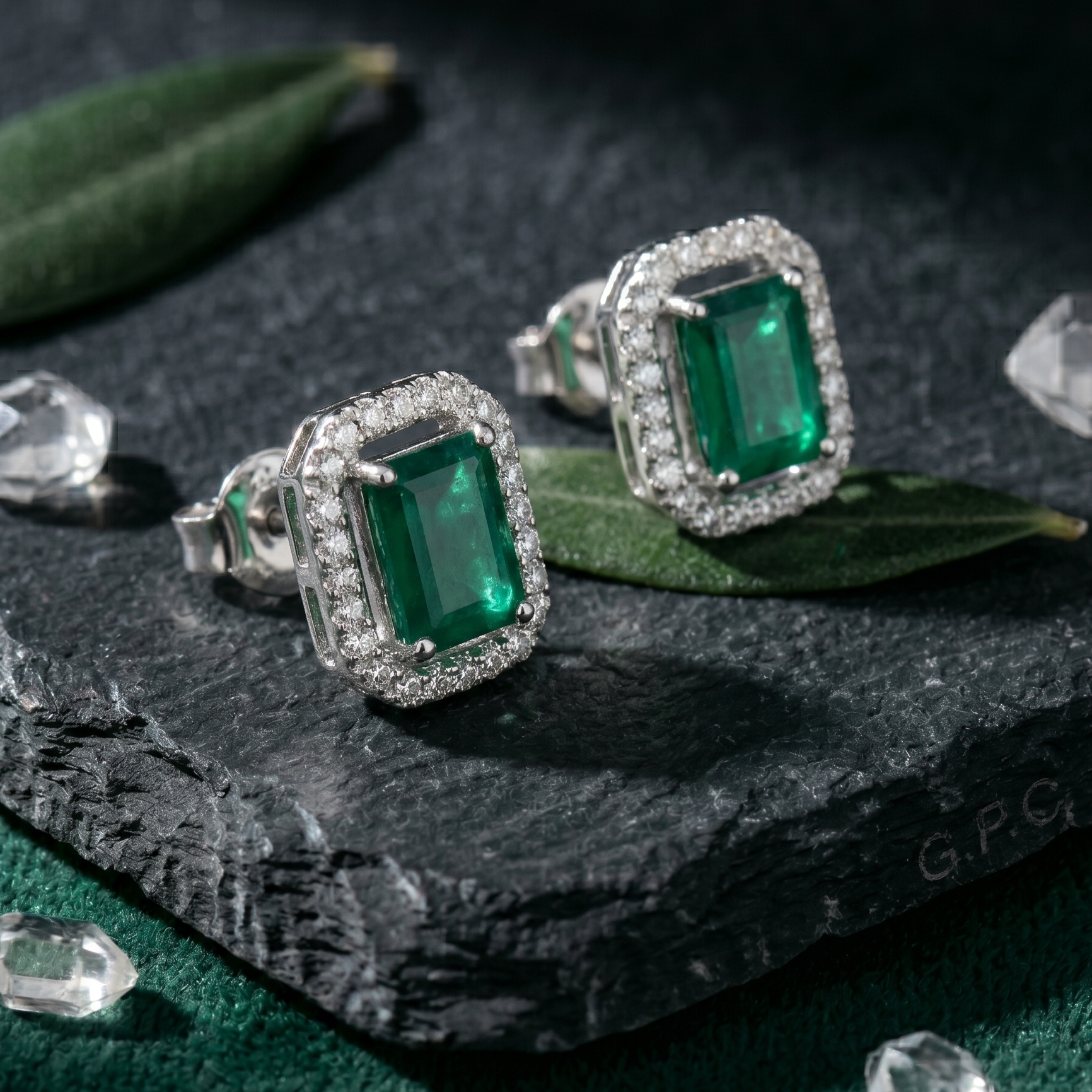 Emerald Cut Green Halo Studs - 925 Sterling Silver