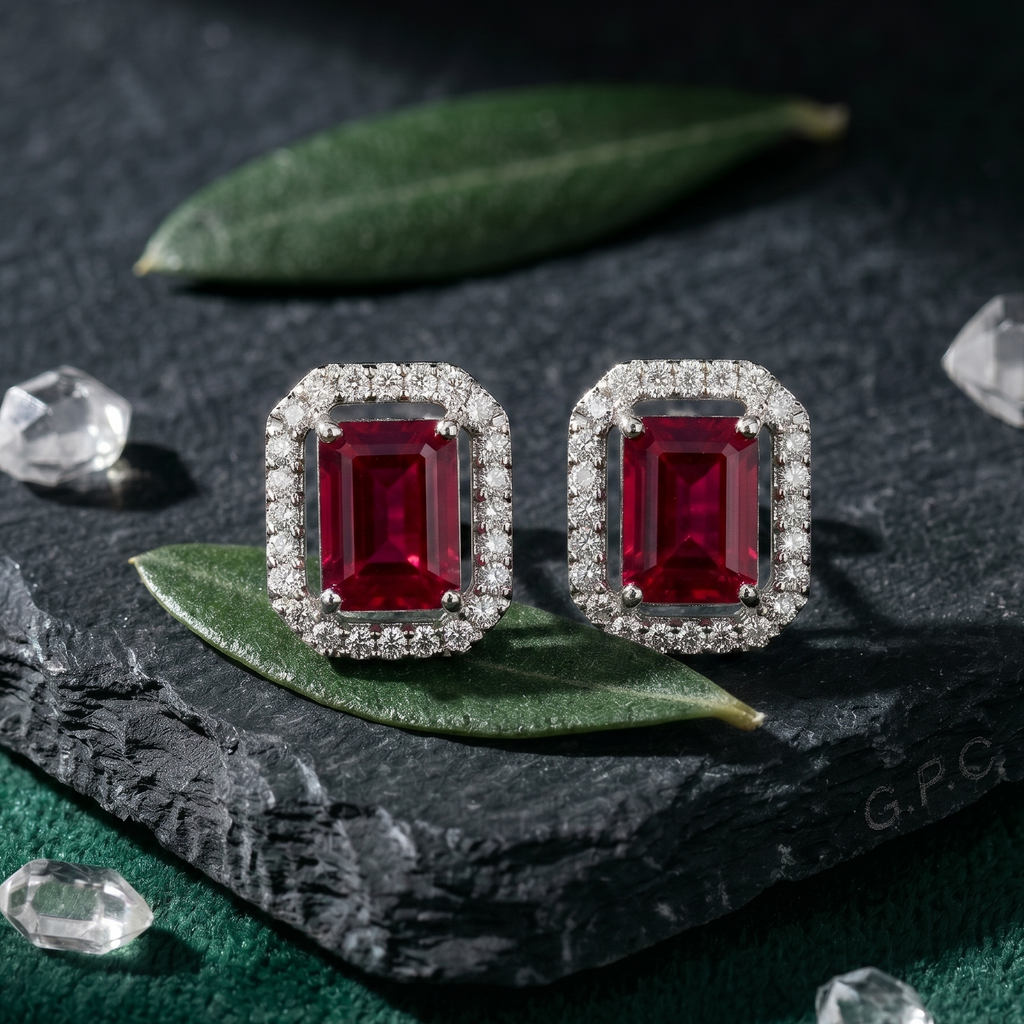 Cushion Ruby Hued Halo Studs - 925 Sterling Silver