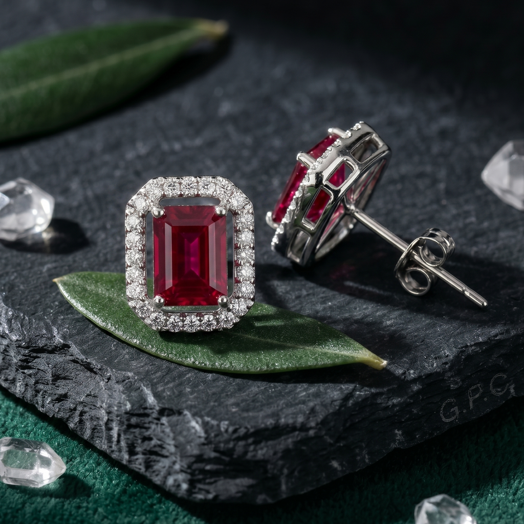 Cushion Ruby Hued Halo Studs - 925 Sterling Silver