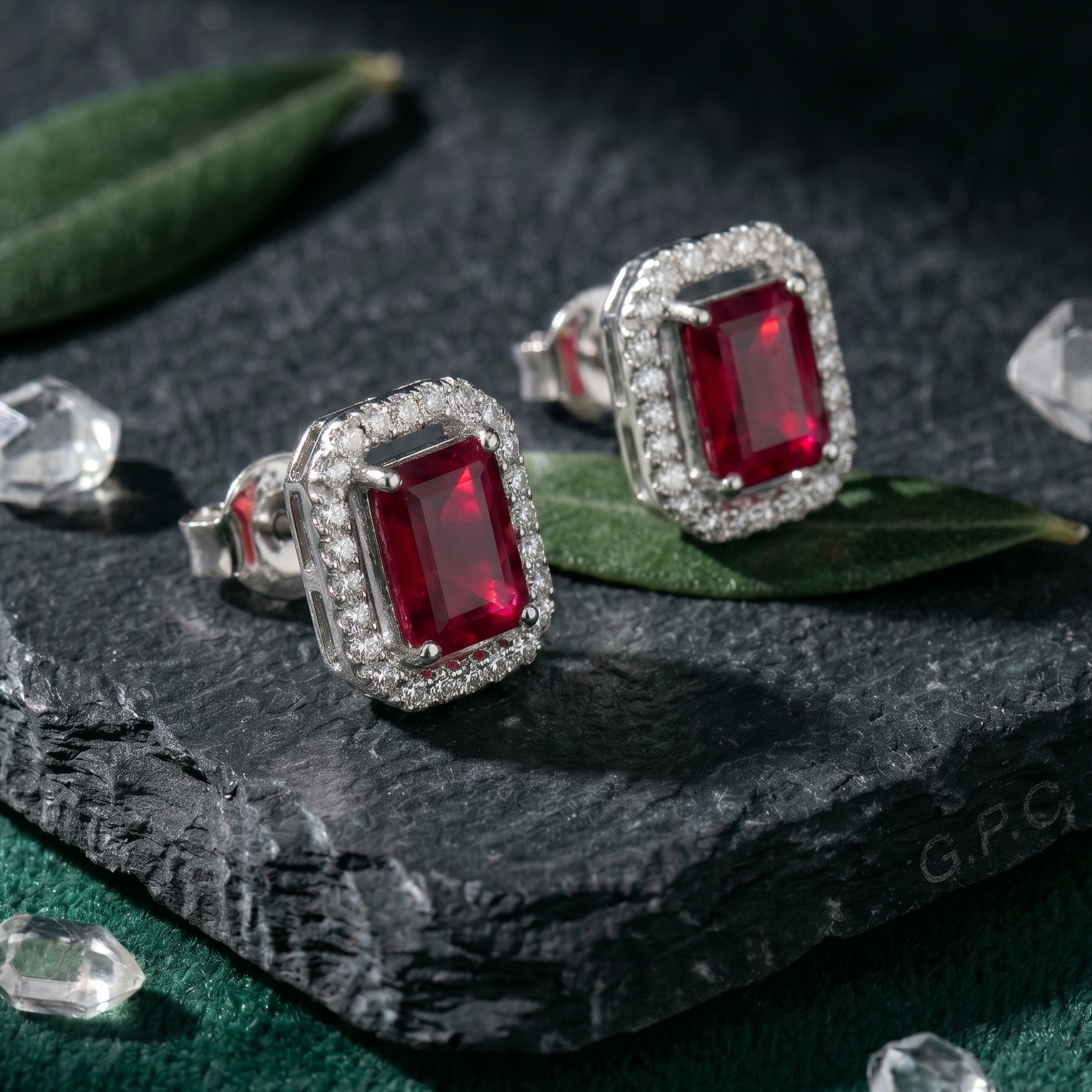 Cushion Ruby Hued Halo Studs - 925 Sterling Silver