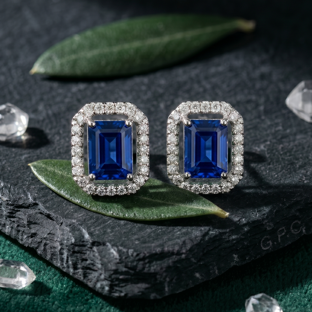 Emerald Cut Blue Sapphire Halo Studs - 925 Sterling Silver