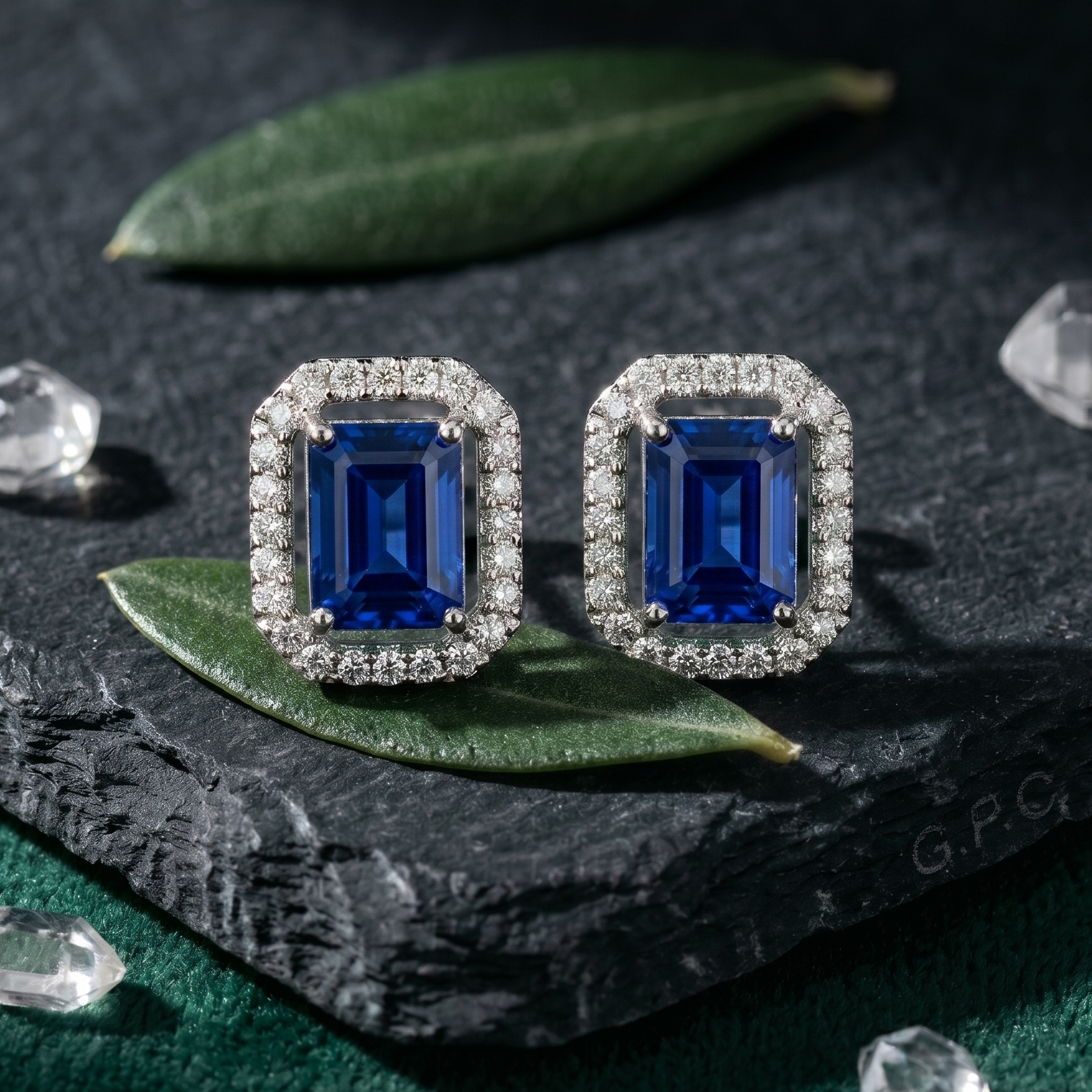 Emerald Cut Blue Sapphire Halo Studs - 925 Sterling Silver