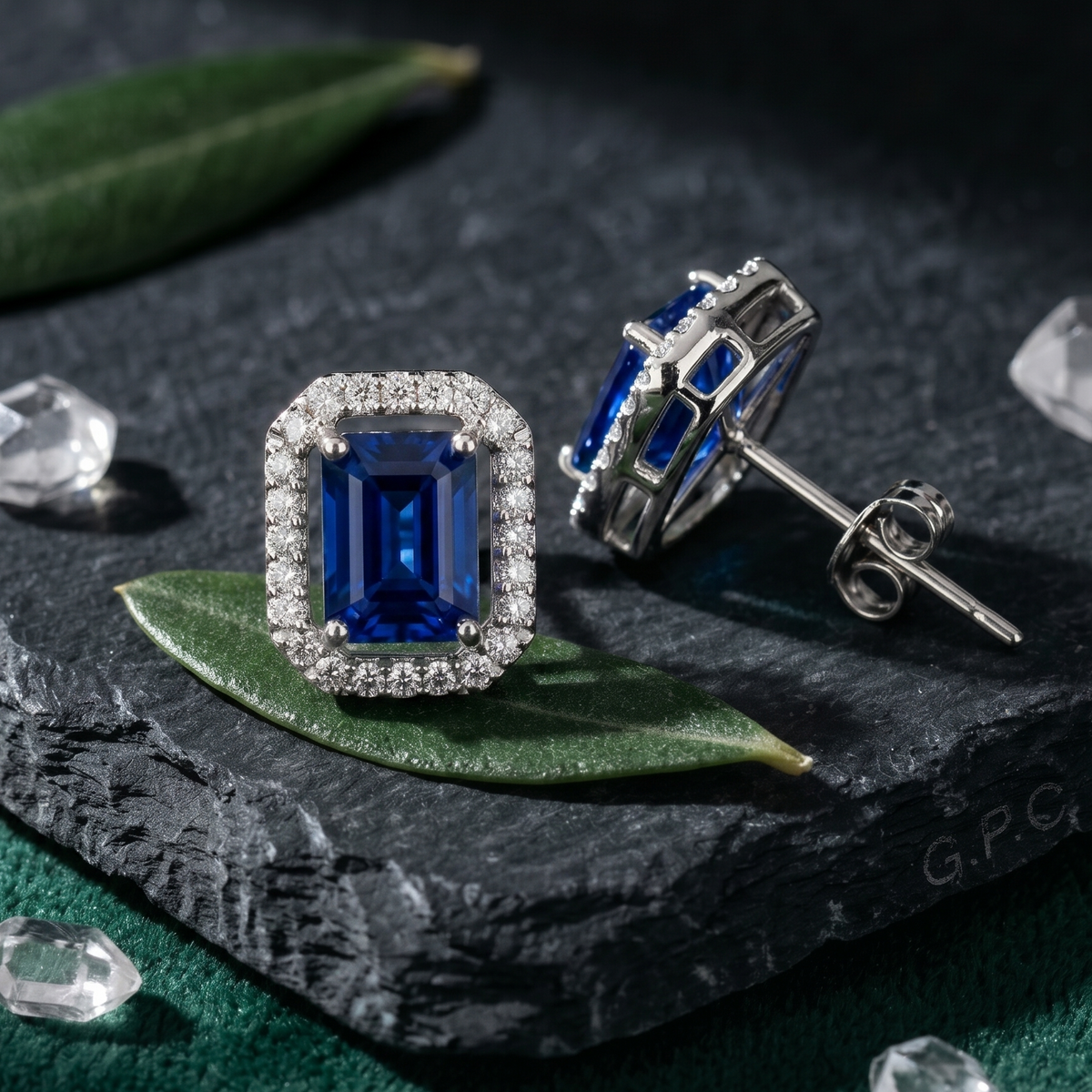 Emerald Cut Blue Sapphire Halo Studs - 925 Sterling Silver