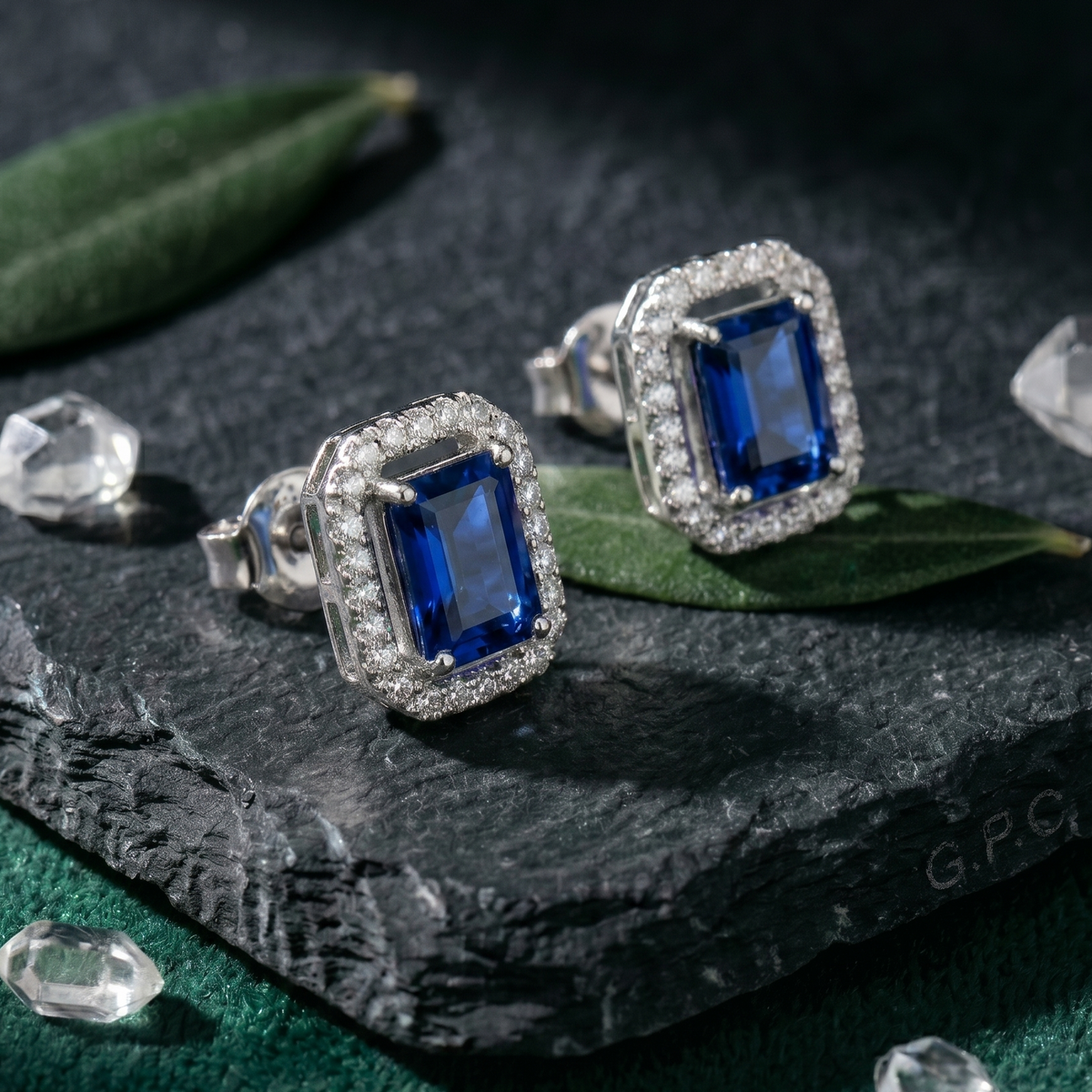 Emerald Cut Blue Sapphire Halo Studs - 925 Sterling Silver