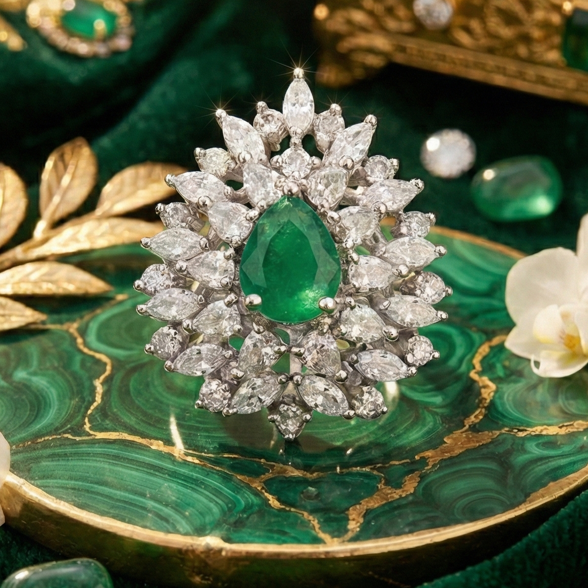 925 Sterling Silver Emerald Drop Adjustable Cocktail Ring